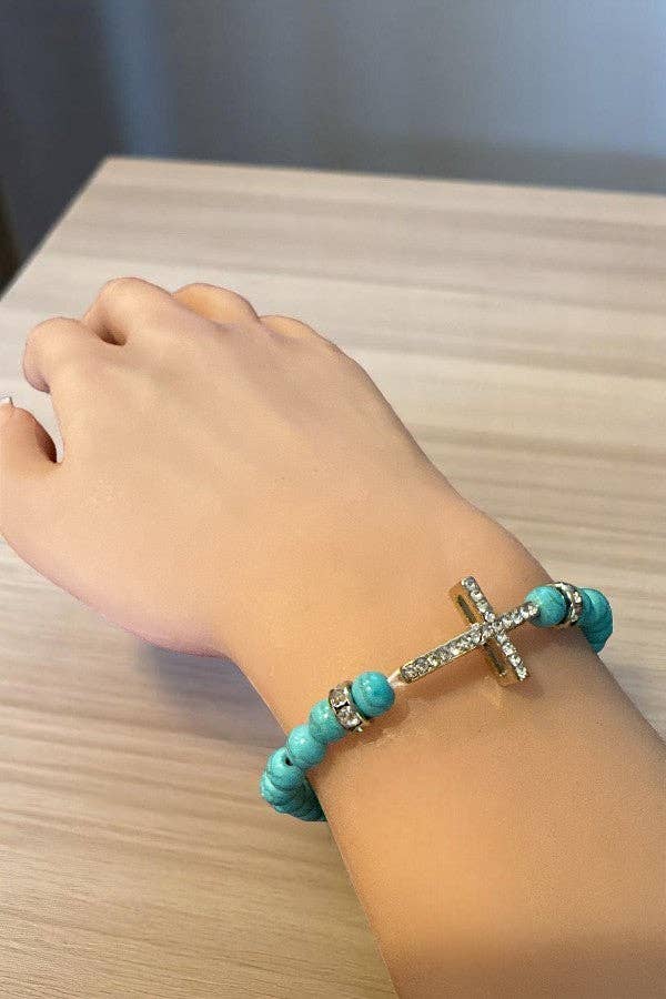 Turquoise Beads Rhinestone Cross Accent Bracelet