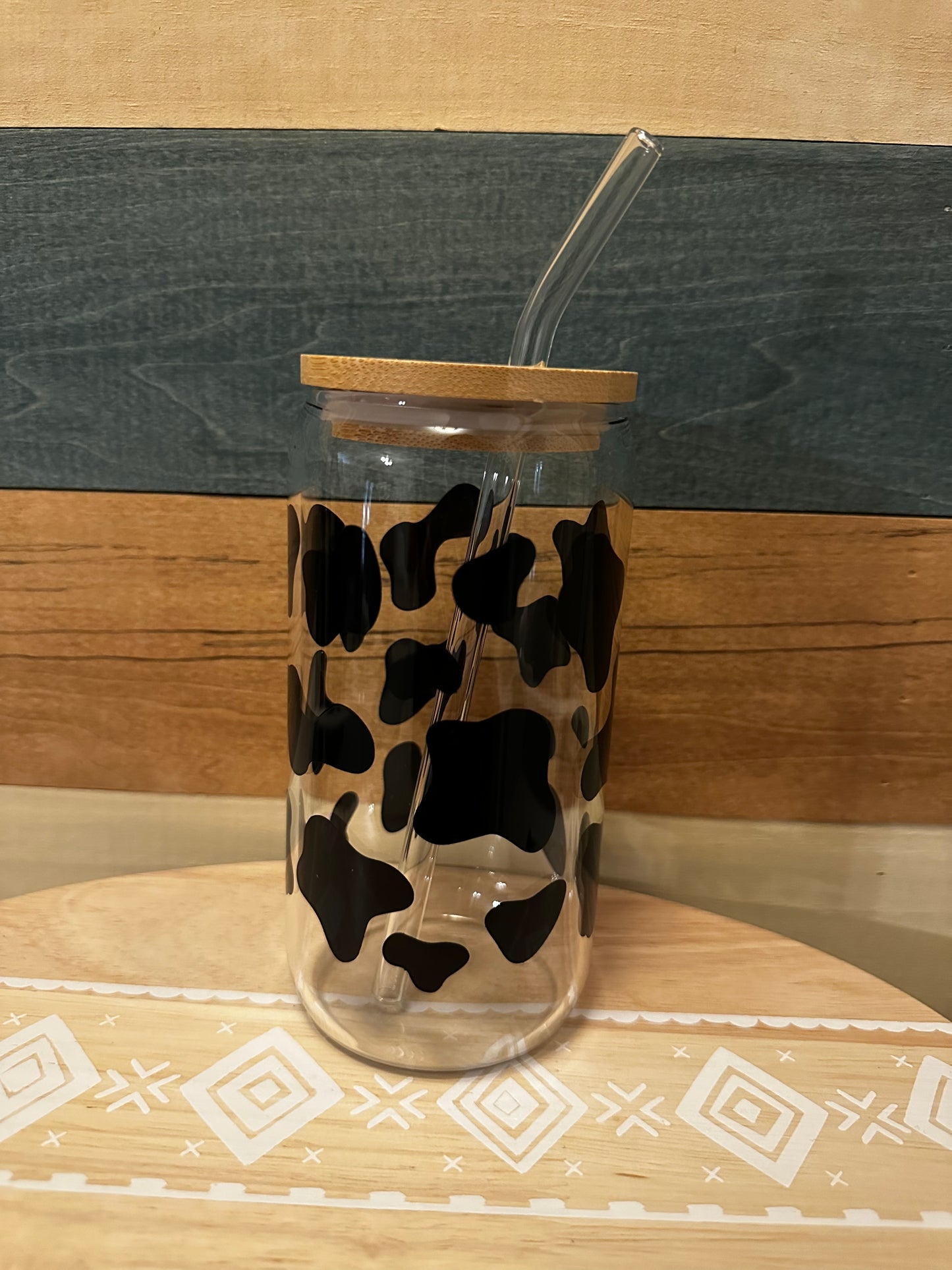 Cow Print Glass w/ Wood Lid