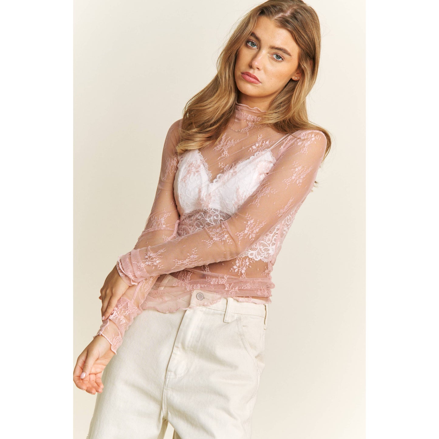 Pink Mesh Lace High Neck