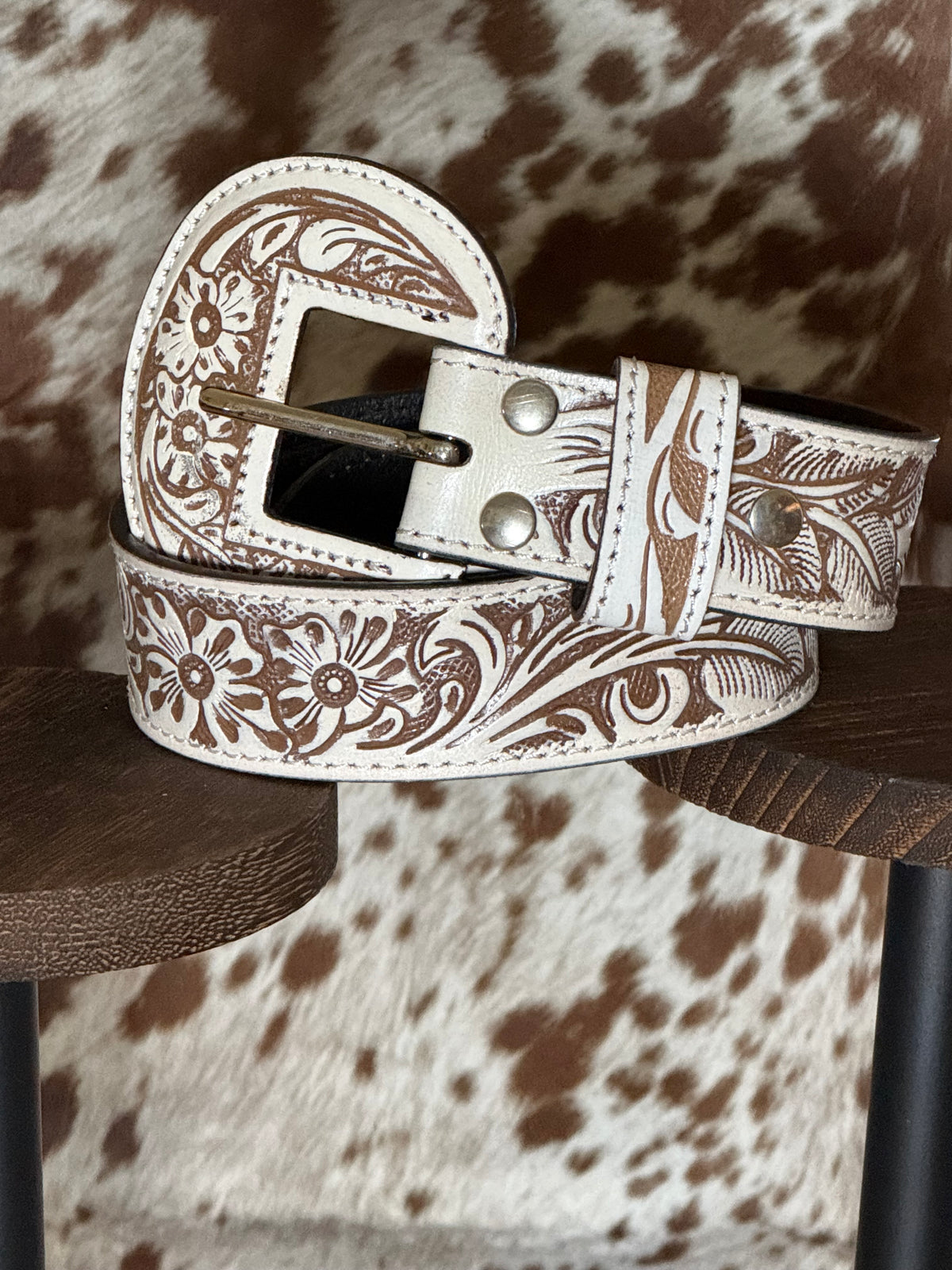 White Wildflower Tooled Western Belt