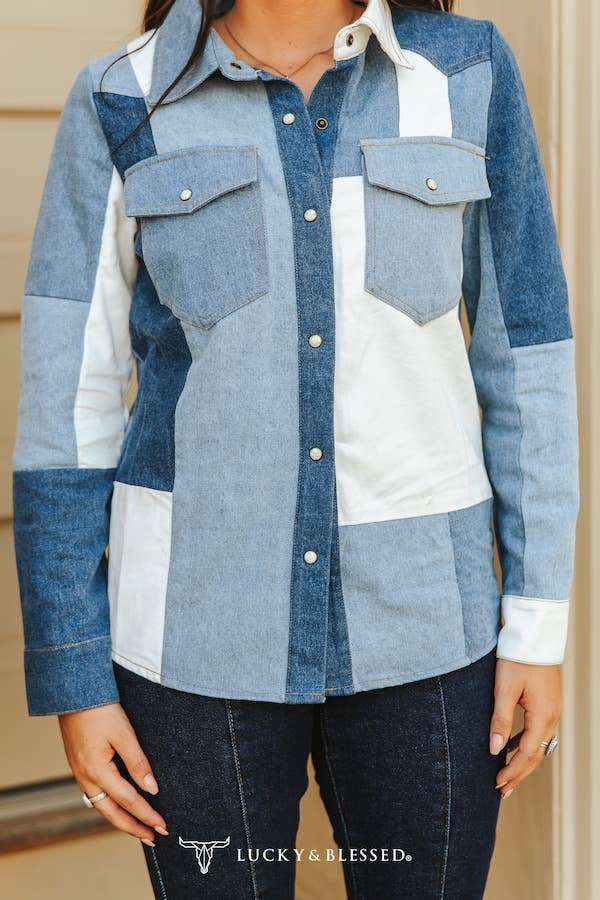 Patchwork Denim Long Sleeve Pearl Snap Western Shirt