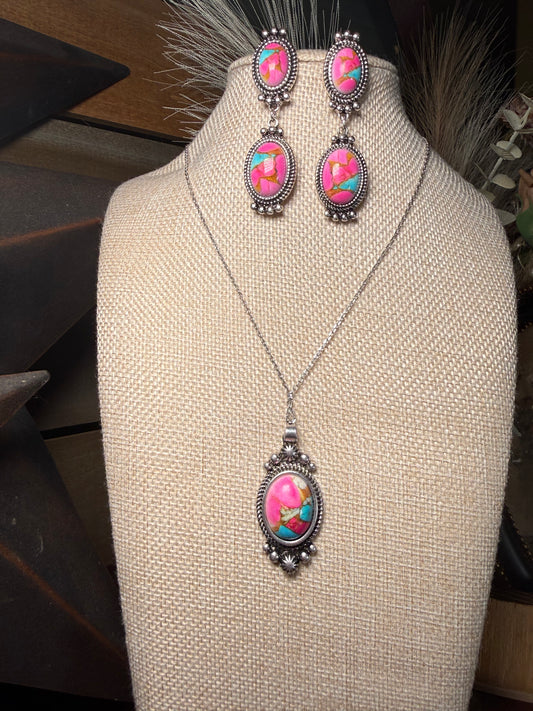 Cotton Candy Cowgirl Pink Stone Necklace & Earring Set