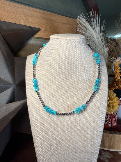 Turquoise Chip & Sterling Silver Pearl Necklace