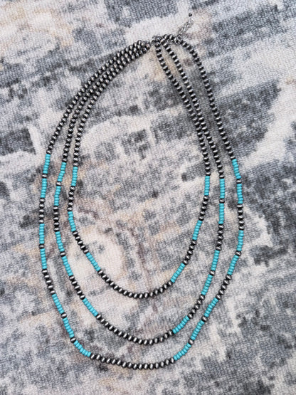 Turquoise and Pearl Three Strand Necklace
