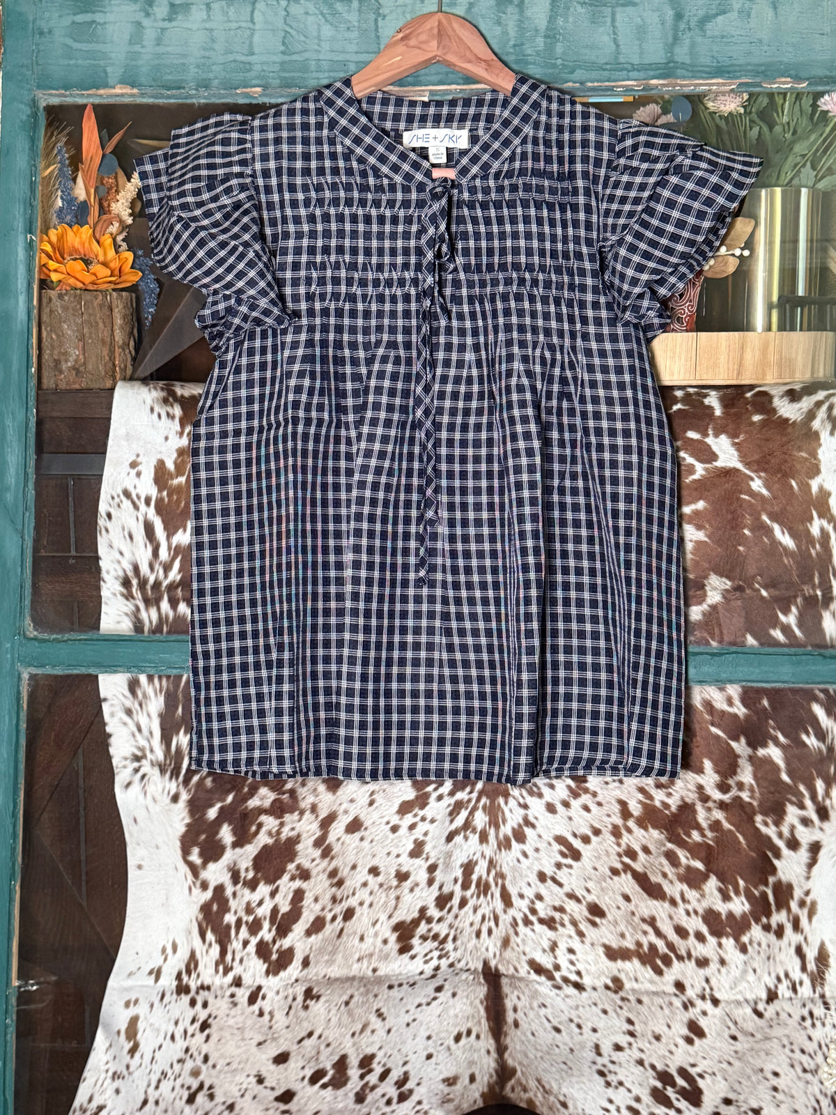 Backroad Charm Navy Gingham Top