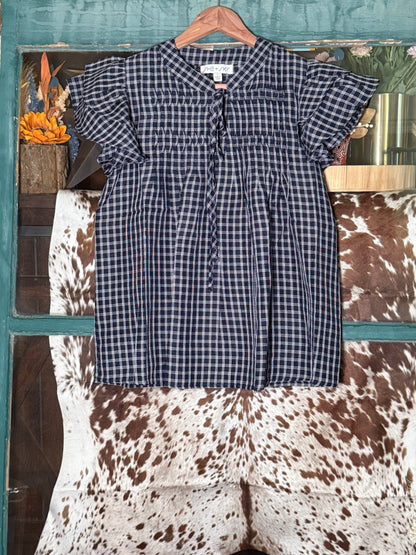 Backroad Charm Navy Gingham Top