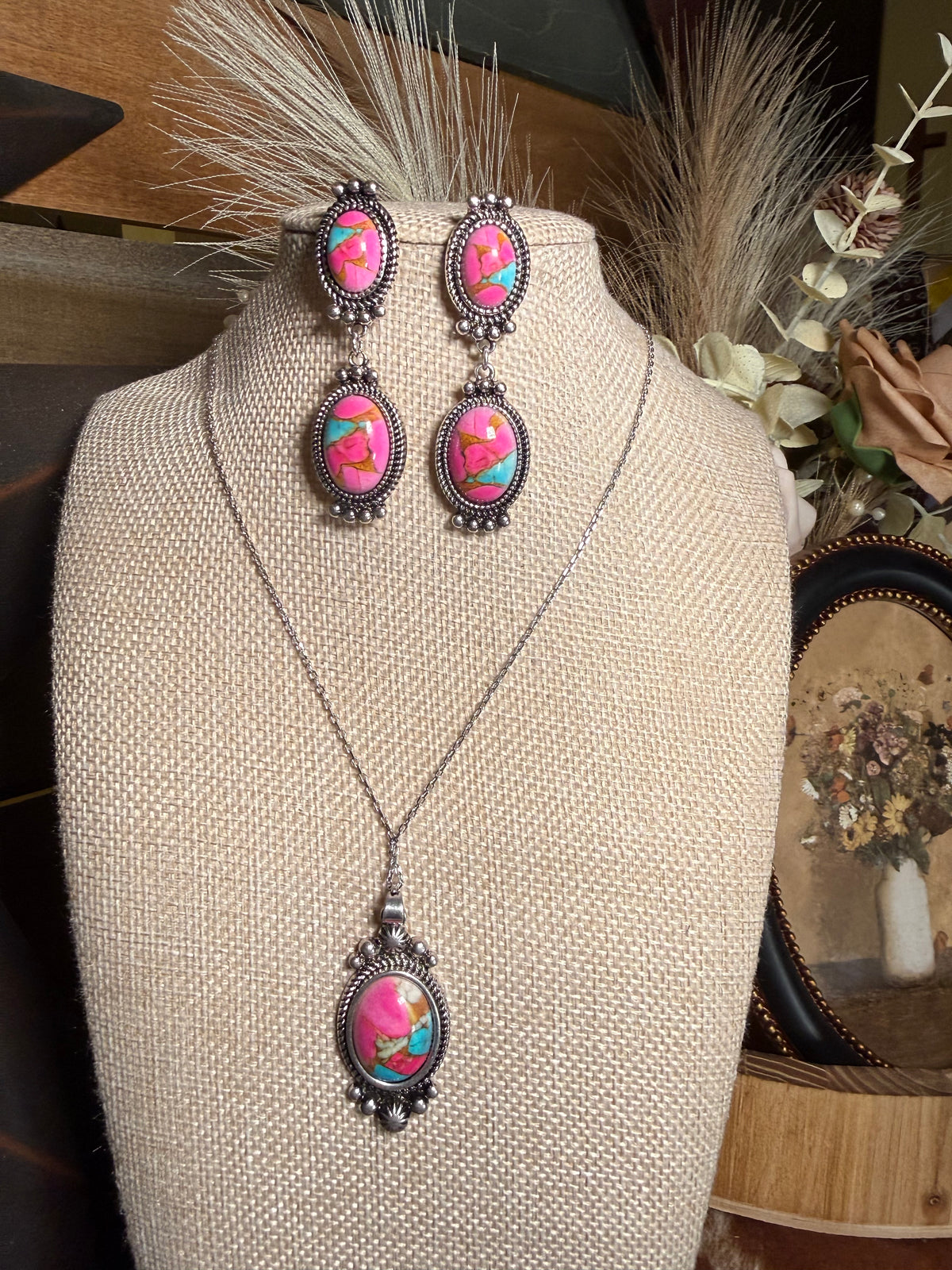 Cotton Candy Cowgirl Pink Stone Necklace & Earring Set