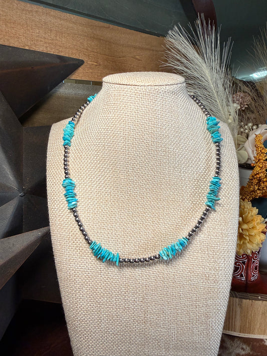 Turquoise Chip & Sterling Silver Pearl Necklace