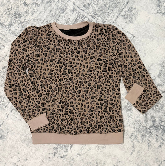 Ribbed Trim Leopard Print Long Sleeve Top