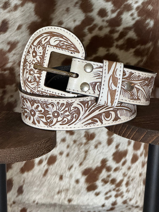 White Wildflower Tooled Western Belt