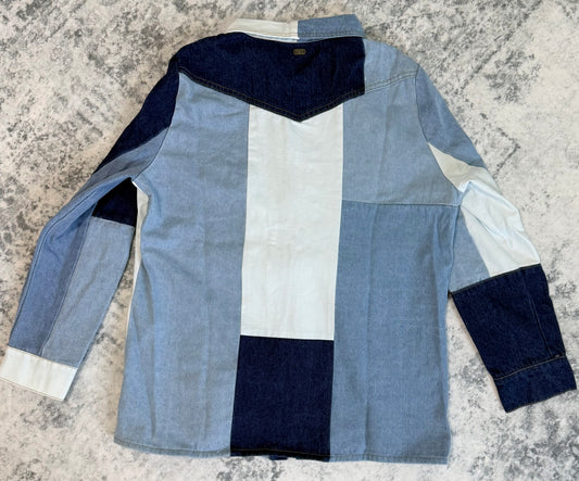 Patchwork Denim Long Sleeve Pearl Snap Western Shirt
