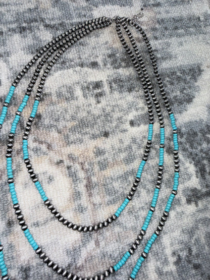 Turquoise and Pearl Three Strand Necklace