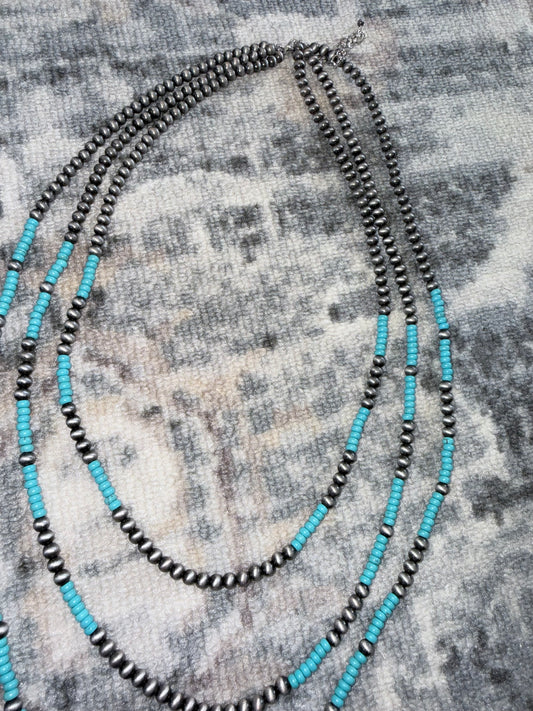 Turquoise and Pearl Three Strand Necklace