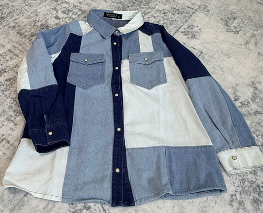 Patchwork Denim Long Sleeve Pearl Snap Western Shirt