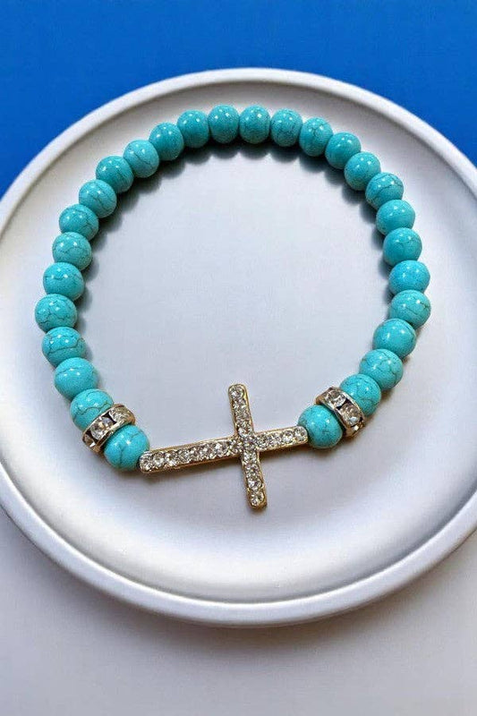 Turquoise Beads Rhinestone Cross Accent Bracelet